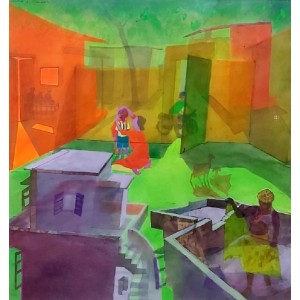 Masood A Khan, Taalim, 35 x 38 Inch, Acrylic and Paper Collage on Paper, Cityscape Paintings, AC-MAK-002